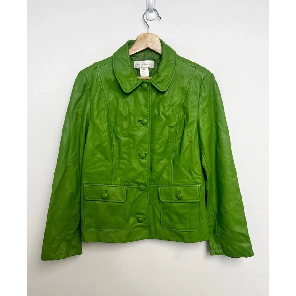 Susan Bristol Vintage Genuine Green Soft Leather Blazer Jacket Sz 10 - Picture 1 of 11